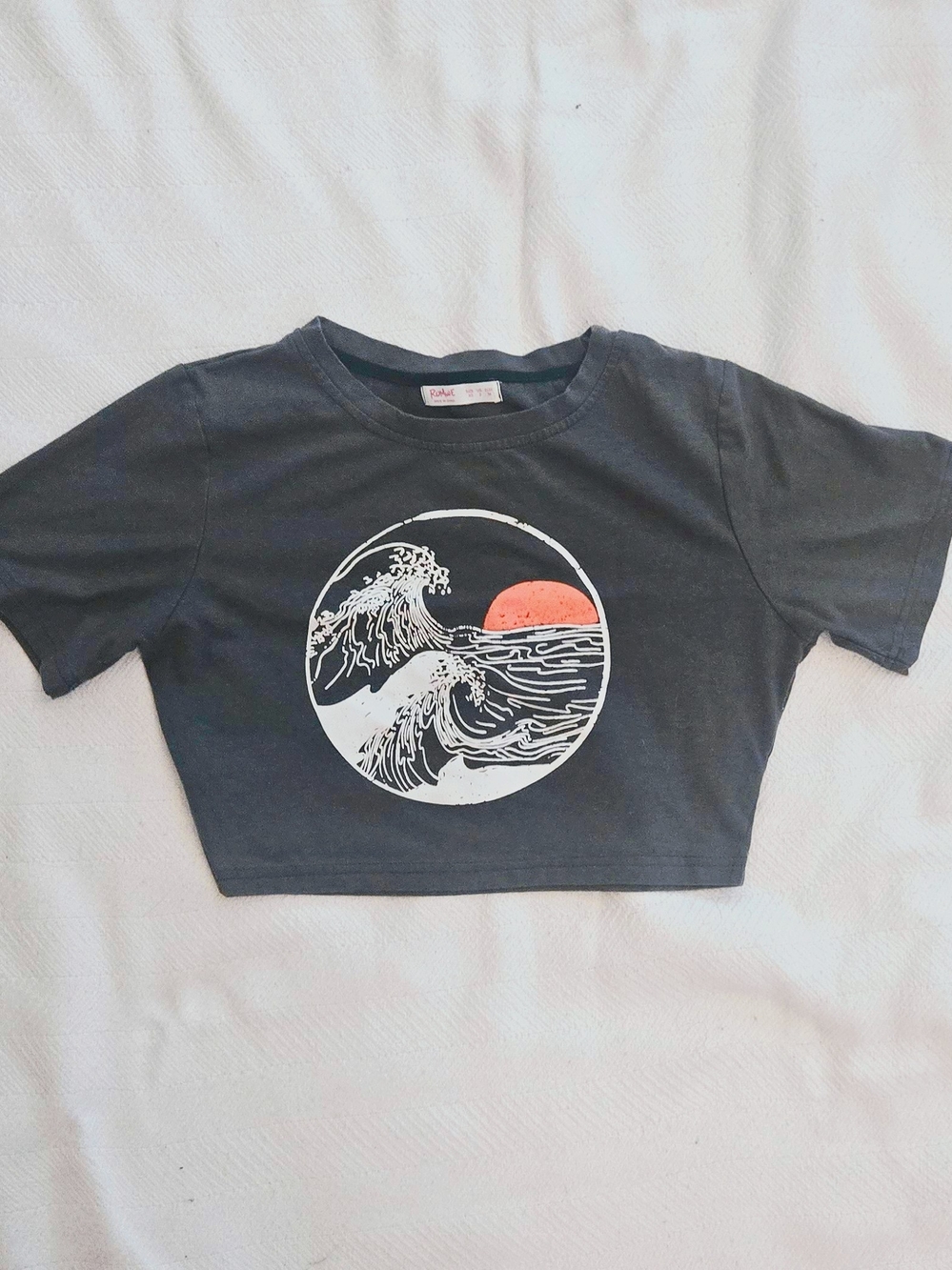 White Graphic Crop Tee with Blue Sunset Design